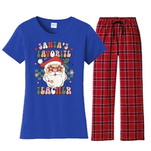 SantaS Favorite Teacher Groovy Retro Christmas 70s 80s Xmas Meaningful Gift Women's Flannel Pajama Set