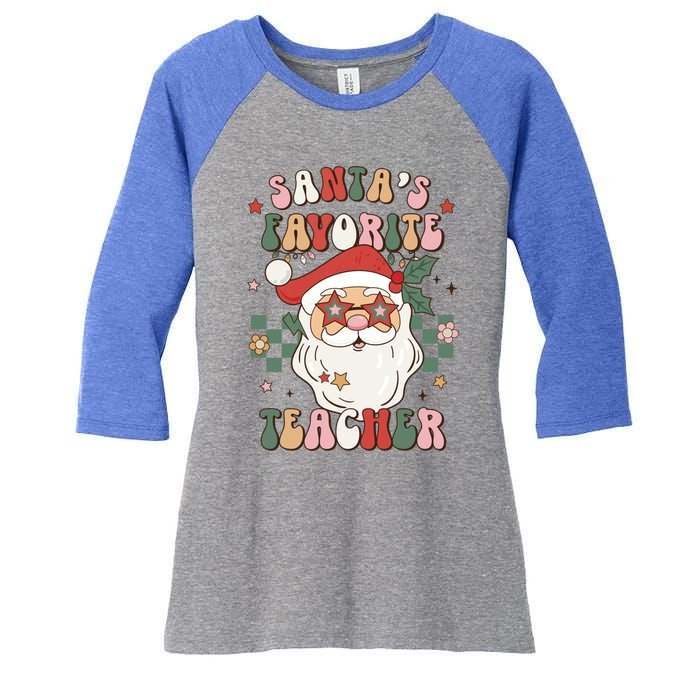 SantaS Favorite Teacher Groovy Retro Christmas 70s 80s Xmas Meaningful Gift Women's Tri-Blend 3/4-Sleeve Raglan Shirt