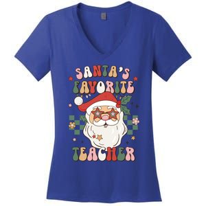 SantaS Favorite Teacher Groovy Retro Christmas 70s 80s Xmas Meaningful Gift Women's V-Neck T-Shirt