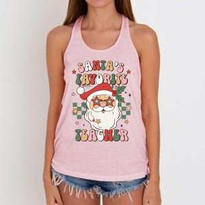 SantaS Favorite Teacher Groovy Retro Christmas 70s 80s Xmas Meaningful Gift Women's Knotted Racerback Tank