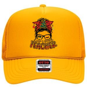 Santas Favorite Teacher Messy Bun Teacher Leopard Christmas High Crown Mesh Back Trucker Hat