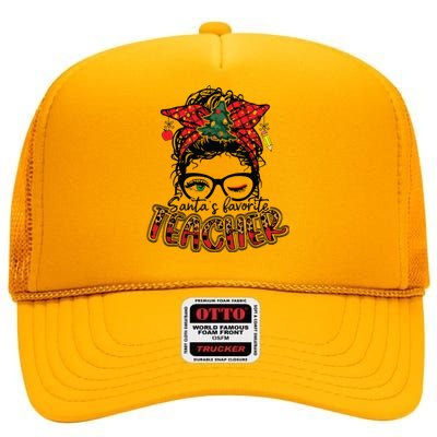 Santas Favorite Teacher Messy Bun Teacher Leopard Christmas High Crown Mesh Back Trucker Hat