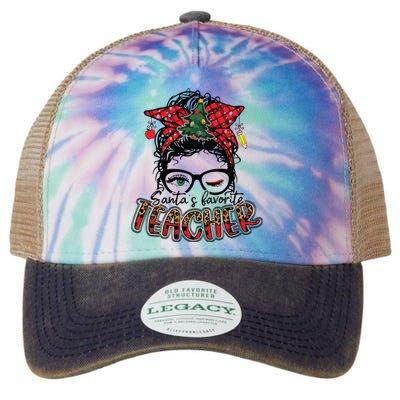 Santas Favorite Teacher Messy Bun Teacher Leopard Christmas Legacy Tie Dye Trucker Hat