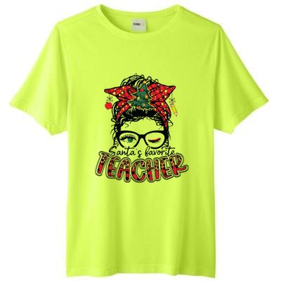 Santas Favorite Teacher Messy Bun Teacher Leopard Christmas Tall Fusion ChromaSoft Performance T-Shirt