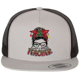 Santas Favorite Teacher Messy Bun Teacher Leopard Christmas Flat Bill Trucker Hat