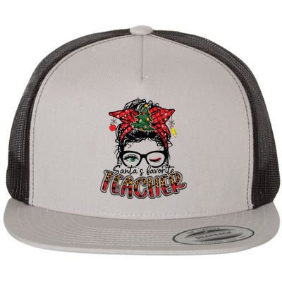 Santas Favorite Teacher Messy Bun Teacher Leopard Christmas Flat Bill Trucker Hat