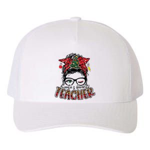 Santas Favorite Teacher Messy Bun Teacher Leopard Christmas Yupoong Adult 5-Panel Trucker Hat