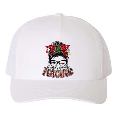 Santas Favorite Teacher Messy Bun Teacher Leopard Christmas Yupoong Adult 5-Panel Trucker Hat