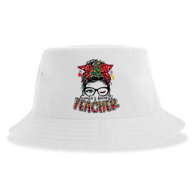 Santas Favorite Teacher Messy Bun Teacher Leopard Christmas Sustainable Bucket Hat