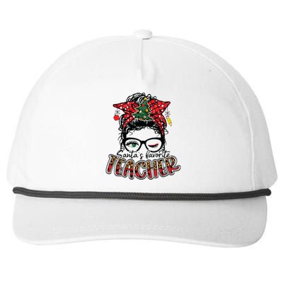 Santas Favorite Teacher Messy Bun Teacher Leopard Christmas Snapback Five-Panel Rope Hat