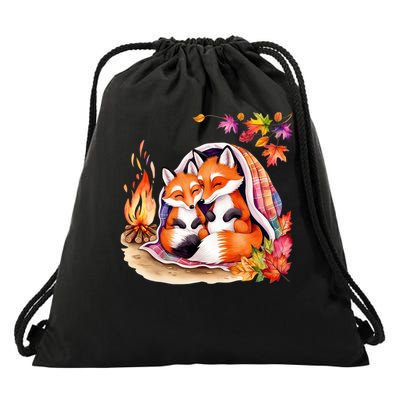 Snuggly Foxes Under Plaid Blanket – Fall Campfire Vibes Drawstring Bag