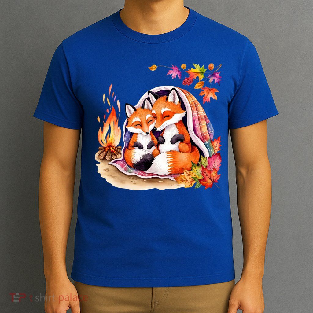 Snuggly Foxes Under Plaid Blanket – Fall Campfire Vibes T-Shirt