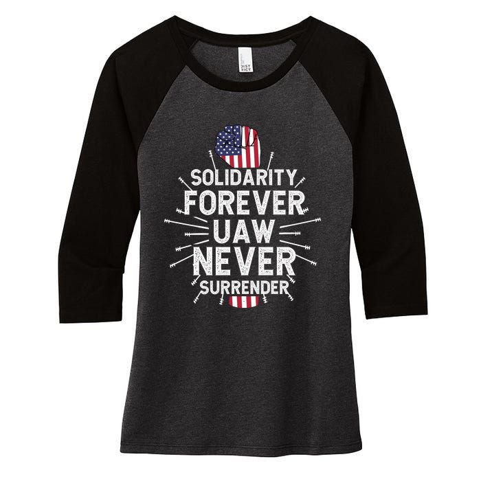 Solidarity Forever UAW Never Surrender UAW Laborer Worker Women's Tri-Blend 3/4-Sleeve Raglan Shirt