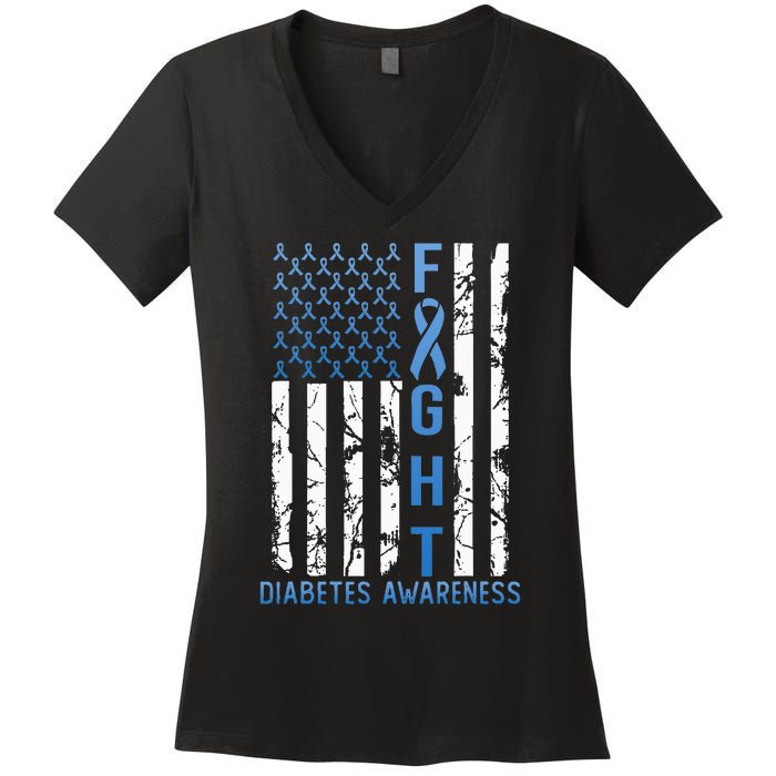 Support Fight USA Flag Type 2 Type 1 Diabetes Awareness Women's V-Neck T-Shirt