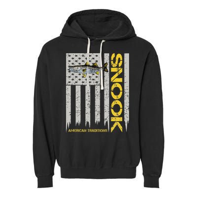 Snook Fisherman Vintage Style American Flag Snook Art Fish Garment-Dyed Fleece Hoodie