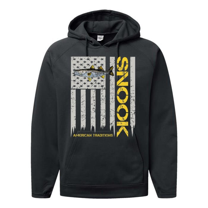 Snook Fisherman Vintage Style American Flag Snook Art Fish Performance Fleece Hoodie