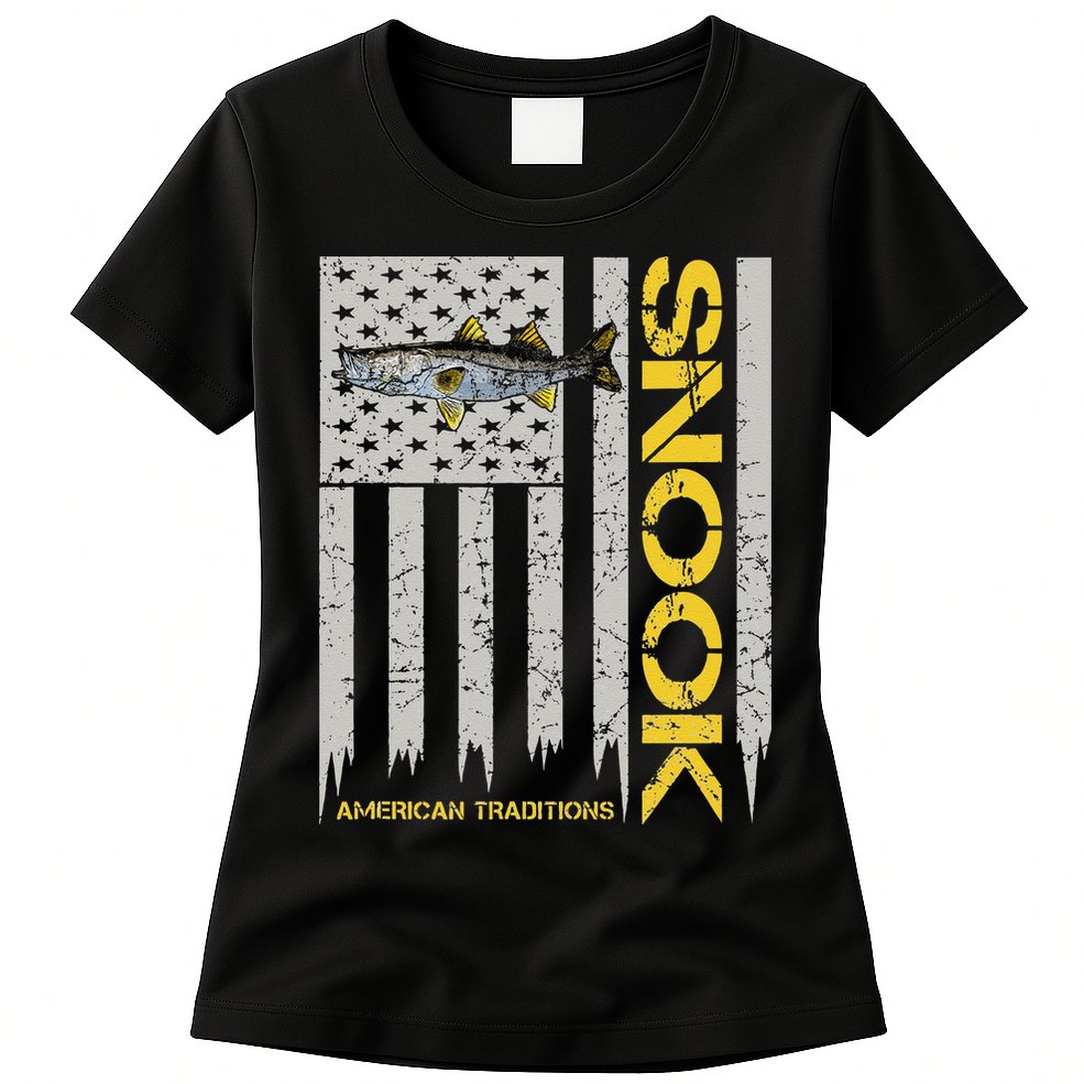 Snook Fisherman Vintage Style American Flag Snook Art Fish Womens T-Shirt