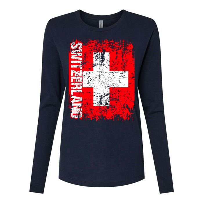 SWITZERLAND Flag Vintage Distressed SWISS Womens Cotton Relaxed Long Sleeve T-Shirt