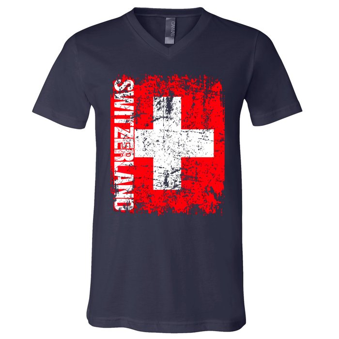 SWITZERLAND Flag Vintage Distressed SWISS V-Neck T-Shirt