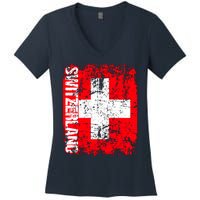 SWITZERLAND Flag Vintage Distressed SWISS Women's V-Neck T-Shirt