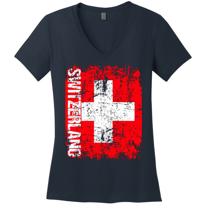 SWITZERLAND Flag Vintage Distressed SWISS Women's V-Neck T-Shirt