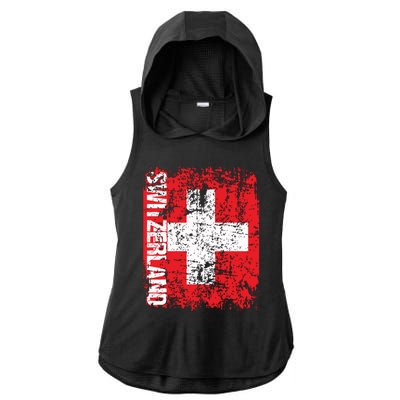 Switzerland Flag Vintage Distressed Swiss Ladies PosiCharge Tri-Blend Wicking Draft Hoodie Tank