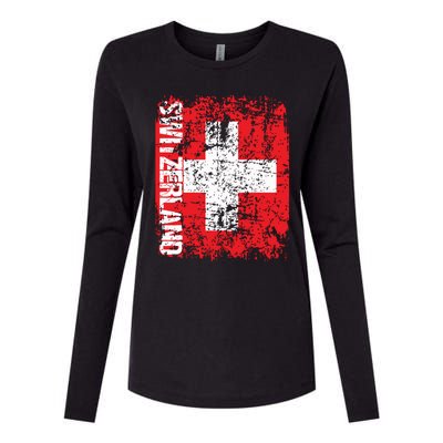 Switzerland Flag Vintage Distressed Swiss Womens Cotton Relaxed Long Sleeve T-Shirt