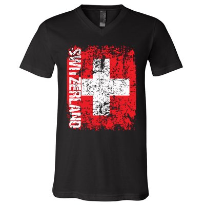 Switzerland Flag Vintage Distressed Swiss V-Neck T-Shirt