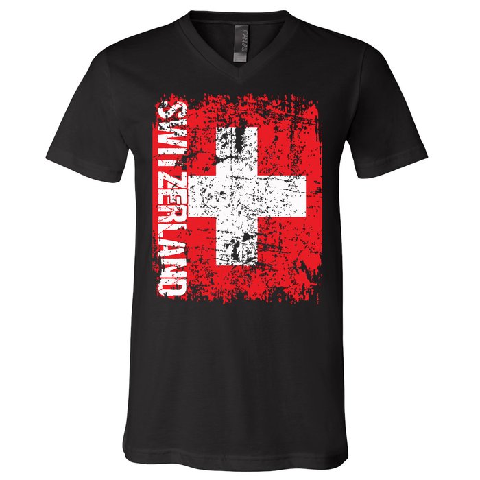 Switzerland Flag Vintage Distressed Swiss V-Neck T-Shirt