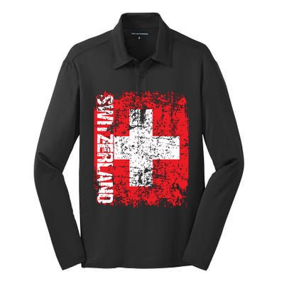 Switzerland Flag Vintage Distressed Swiss Silk Touch Performance Long Sleeve Polo