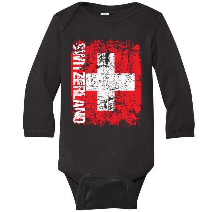 Switzerland Flag Vintage Distressed Swiss Baby Long Sleeve Bodysuit