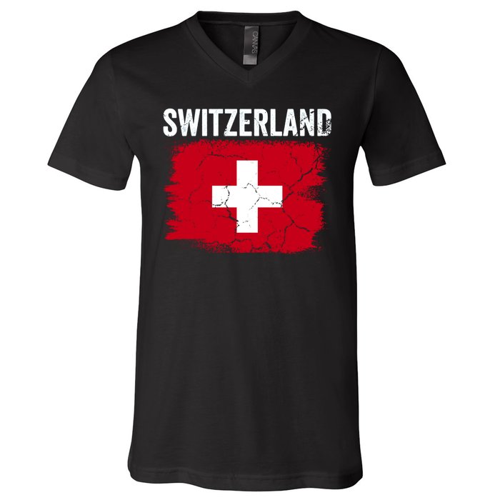 Switzerland Football Vintage Soccer Team Pride Swiss Flag V-Neck T-Shirt