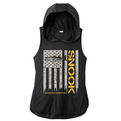 Snook Fisherman Vintage Style American Flag Snook Art Fish Ladies PosiCharge Tri-Blend Wicking Draft Hoodie Tank