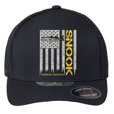 Snook Fisherman Vintage Style American Flag Snook Art Fish Flexfit Unipanel Trucker Cap