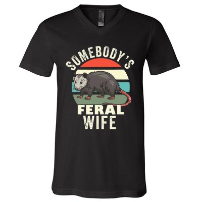 SomebodyS Feral Wife Funny Matching Family Retro Feral Cat V-Neck T-Shirt