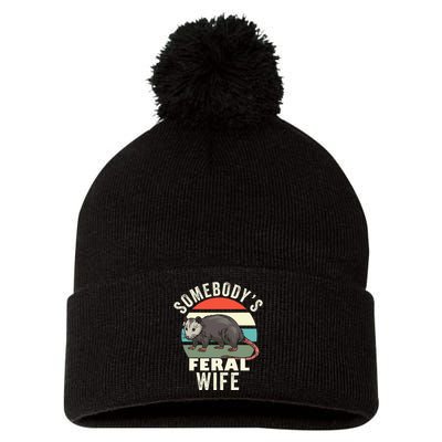 SomebodyS Feral Wife Funny Matching Family Retro Feral Cat Pom Pom 12in Knit Beanie