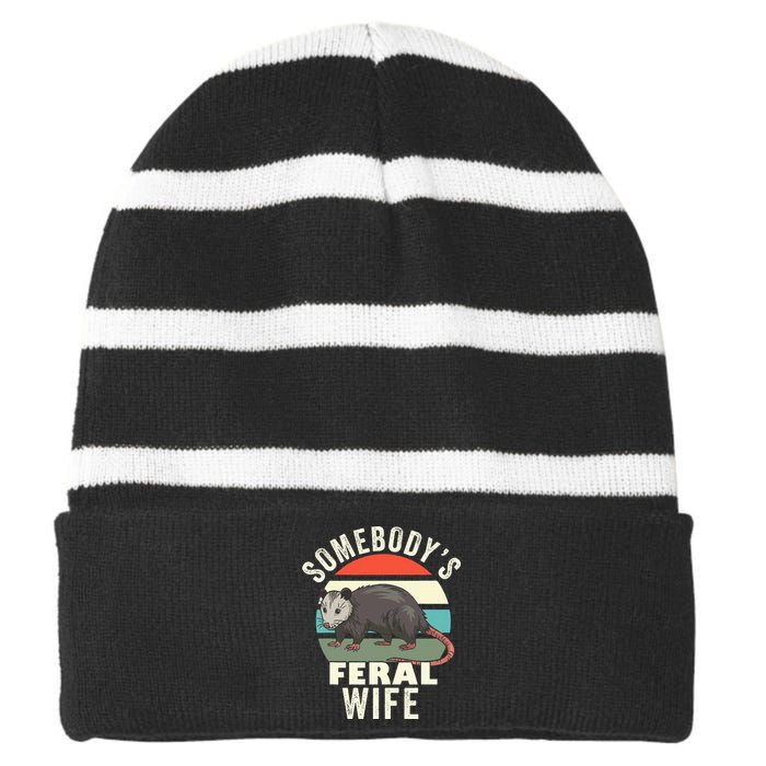 SomebodyS Feral Wife Funny Matching Family Retro Feral Cat Striped Beanie with Solid Band