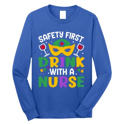 Safety First With A Nurse Mardi Gras Party Nurse Gift Long Sleeve Shirt