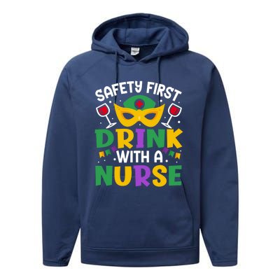 Safety First With A Nurse Mardi Gras Party Nurse Gift Performance Fleece Hoodie