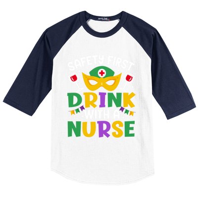 Safety First With A Nurse Mardi Gras Party Nurse Gift Baseball Sleeve Shirt