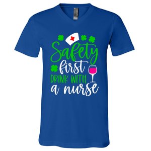 Safety First With A Nurse Shamrock St Patrick Day Cute Gift V-Neck T-Shirt