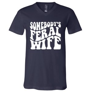 Somebodys Feral Wife Groovy Vibes Saying Hot Momma V-Neck T-Shirt