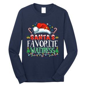 Santas Favorite Waitress Christmas Party Pajama Santa Hat Long Sleeve Shirt