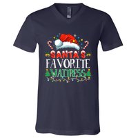 Santas Favorite Waitress Christmas Party Pajama Santa Hat V-Neck T-Shirt