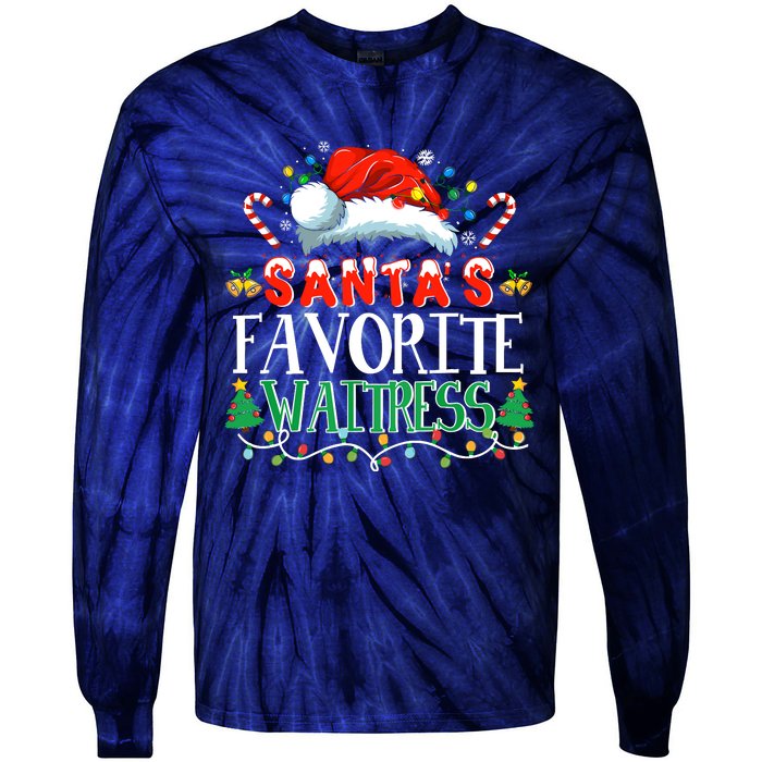 Santas Favorite Waitress Christmas Party Pajama Santa Hat Tie-Dye Long Sleeve Shirt