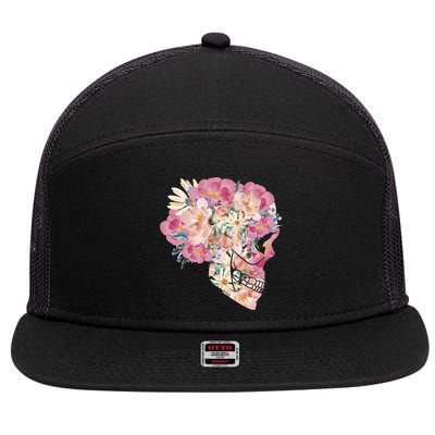 Skull Floral Watercolor Art 7 Panel Mesh Trucker Snapback Hat