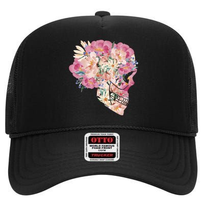 Skull Floral Watercolor Art High Crown Mesh Back Trucker Hat