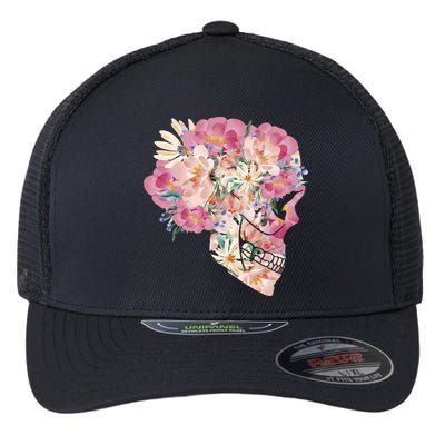 Skull Floral Watercolor Art Flexfit Unipanel Trucker Cap