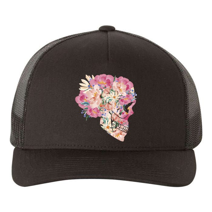 Skull Floral Watercolor Art Yupoong Adult 5-Panel Trucker Hat