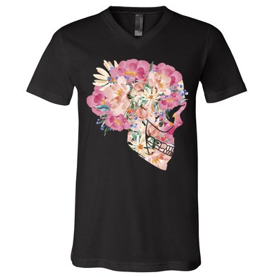 Skull Floral Watercolor Art V-Neck T-Shirt